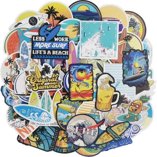 50 PCS Outdoor Surfing Stickers Summer Sports Tropical Beach Surfing Waterproof Stickers to DIY Surfboard Car Skateboard Sticker