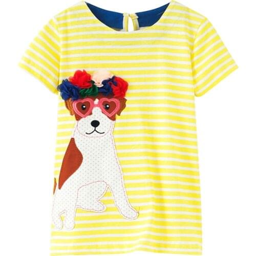 Little Maven New Summer Kids Clothing Yellow Short-Sleeved Floral Applique Doggy O-neck Knitted 1-6yrs Cotton Girls Dresses