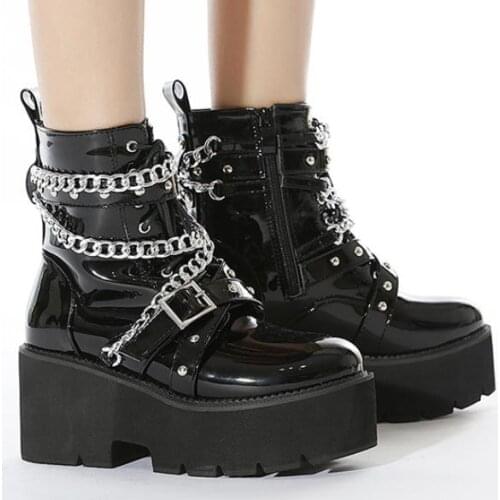 New Sexy Platform Wedge Heel Short Boots Trifle Metal Chain Front Lace-up Martin Boots Motorcycle Boots High Heel Ankle Boots
