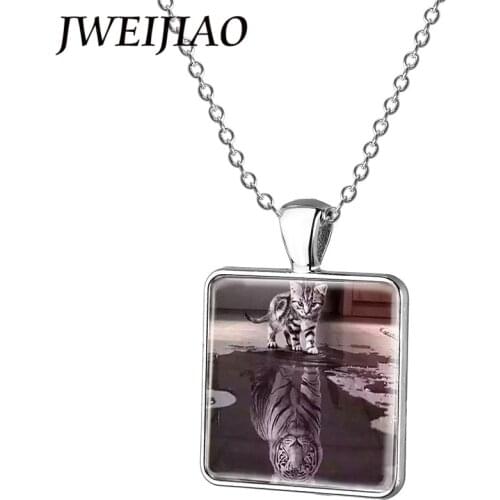 JWEIJIAO Charms Lions, wolf,tigers,leopard Necklace Little Cat imagine Becoming A tiger Art Picture Square Pendant E081