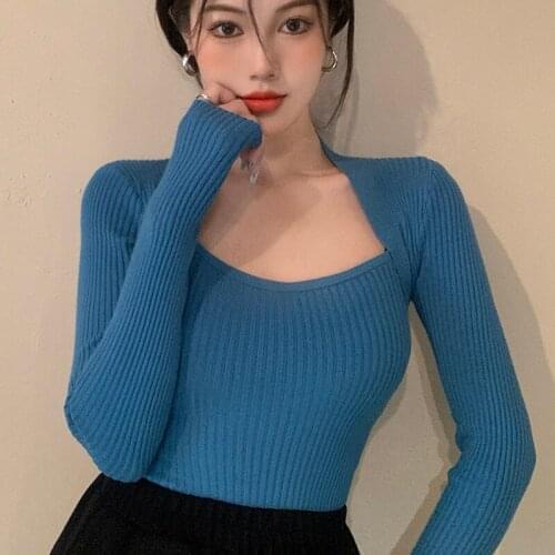 Autumn Women Long Sleeve Square Collar Knitted Sweater Sexy Shoulder Off Tops Slim Pull Femme Pullover Clothes Woman Sweaters