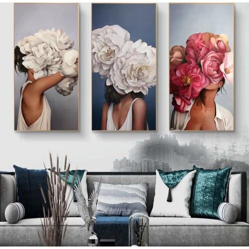 Nordic Flowers Head Woman Art Canvas Posters And Prints Wall Art Pictures Abstract Feather Girls Paintings On the Wall Decor