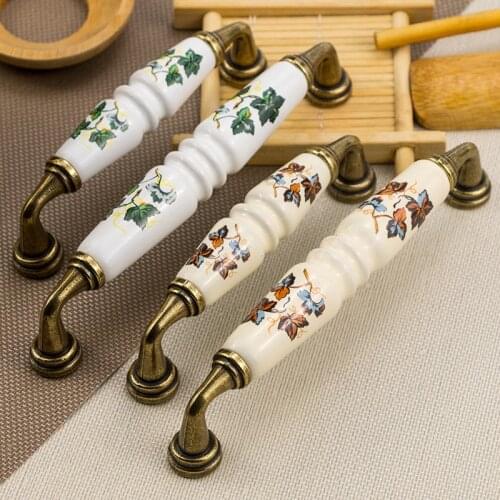 Garden Ceramic Furniture Kitchen Cabinet Drawer Handle, Flower Green Leaf Pattern Wardrobe Locker, Bedside Table Knob