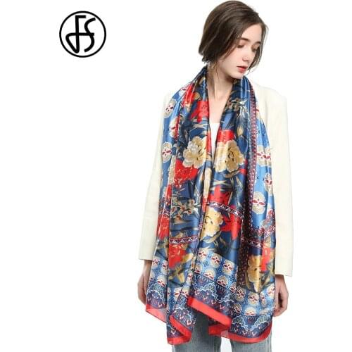FS 2021 Autumn Winter Luxury Brand Designer Scarf Red Blue Flower Print Silk Satin Hijab Shawl For Women Elegant Echarpe Femme