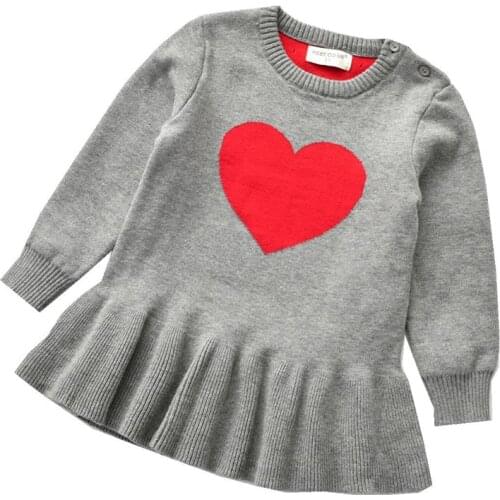 Long Sleeve Heart Knitted Ruffle Sweater Dress Grey and Navy Blue Girl Clothes Toddlers Fashion Dresses Kids Outfis