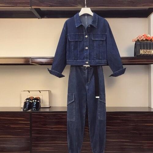 Plus Size Women Denim Jacket Loose Coat 2021 Spring Autumn Clothing Streetwear Casual Jeans Female Beam Pants Two-piece Suit 4XL