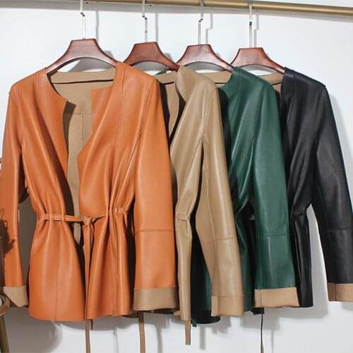 European Fashion Women Clothing Female Real Leather Jacket Mujer Draw Back Round Neck Pleated Belt Caramel Coat Veste Femme