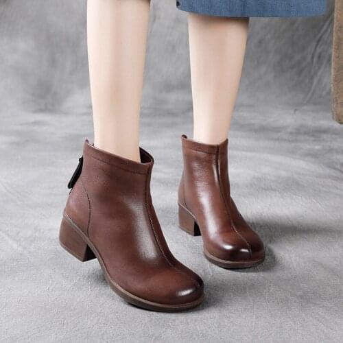 2021 Spring and Autumn First Layer Cowhide Mid-heel Short Boots Soft Leather Thick Heel Round Toe Leather Single Boots Women