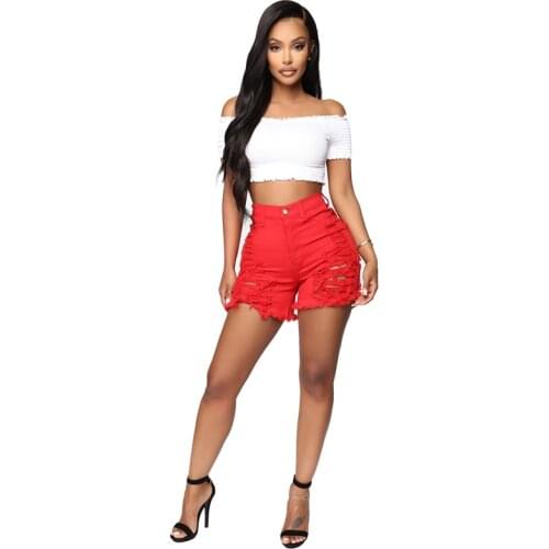 Adogirl Distressed Red Jeans Shorts Solid Color Fringed Sanded Denim Shorts Women Summer Casual Straight High Waist Trousers