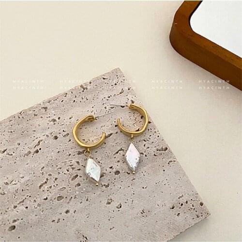 S925 Silver Ear Needle Stud Earrings Natural Freshwater Rhombus Pearl With C Brass ANTI Gold Korea Jewelry for Women HYACINTH