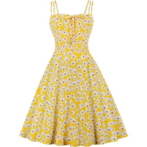 Spaghetti Strap Daisy Floral Print Dress Women Bow Cute Casual Vintage Swing Dress Plus Size Clothing Summer Vacation Sundress