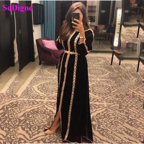 SoDigne Black Moroccan Caftans Evening Dresses For Women Long Sleeve Embroidery Vintage Formal Party Dress muslin Prom Gowns