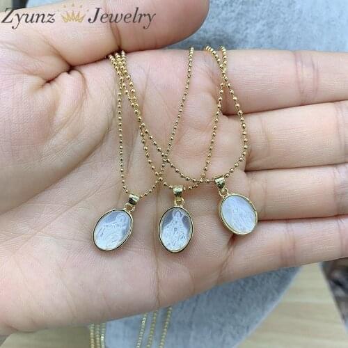10PCS, Dainty Small Oval Medal Virgin Mary Pendant Necklaces For Women Fashion Natural Mother of Pearl Shell Charm Jewelry
