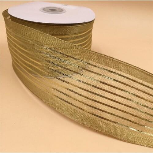 63MM X 25 Yards Wired Edge Organza Striped Old Gold Ribbon for Christmas Birthday Decoration Gift Wrapping 2-1/2"