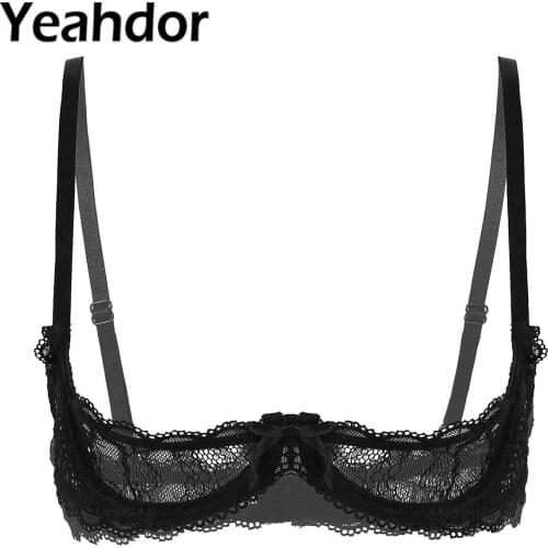 Womens See Through Sheer Lace-up Lingerie Bras Adjustable Spaghetti Shoulder Straps 1/4 Cups Push Up Open Cup Underwire Bra Tops
