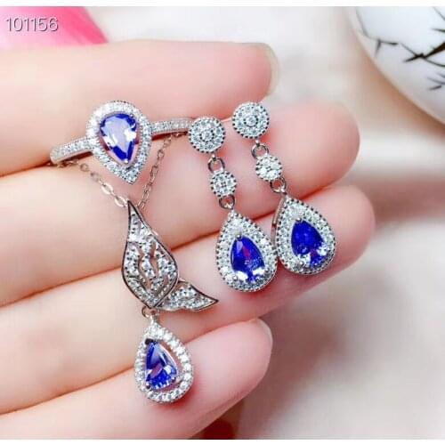 Natural blue tanzanite Ring Pendant earrings Natural Gemstone Jewelry Set S925 Silver Feather water drop girl party gift jewelry