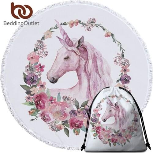 BeddingOutlet Unicorn Round Beach Towel With Tassels for Adult Kids Microfiber Large Bath Towel Floral Summer Beach Mat 150cm