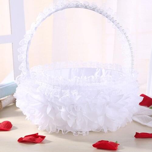 Lace Bowknot Wedding Basket Flower Girl Basket for Ceremony Wedding Storage Flower Container Party Holiday DIY Decor Supplies