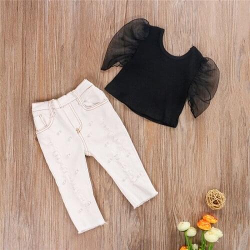 2020 Summer Autumn Newborn Toddler Kids Baby Girls Fashion Clothes Puff Sleeve Solid Color Pearl Ripped Jeans Set Outfits