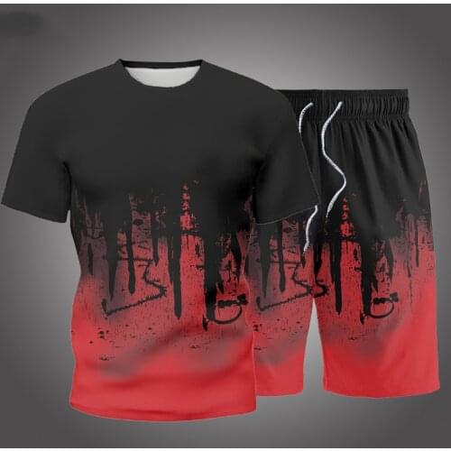 Casual Mens Set Tracksuit Summer Print Sportswear Men Fitness Jogger T-shirts+Shorts 2 Pieces 2021 Brand Slim Male Sport Suits