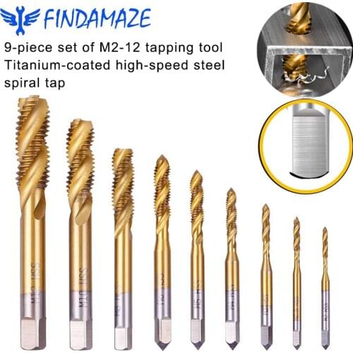 9 Set M2-12 Tapping Tools Titanium-coated HSS Spiral Flute Metric Tap Set for Cutting New Threads or Repairing Damaged Threads
