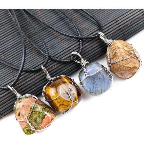 Irregular Natural Tumbled Stones Pendant Alloy wire Winding Jasper Tiger Eye Labradorite Healing Crystal Gem DIY Necklace
