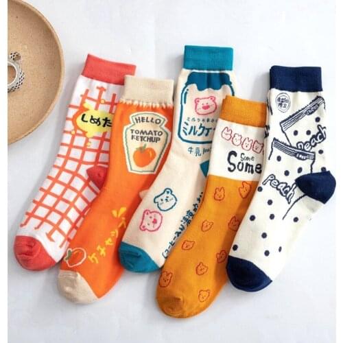 Women Socks Funny Cute Bear Plaid Fruit Orange Milk Japanese Style Personality Harajuku Skateboard Happy Socks Fancy Male Female