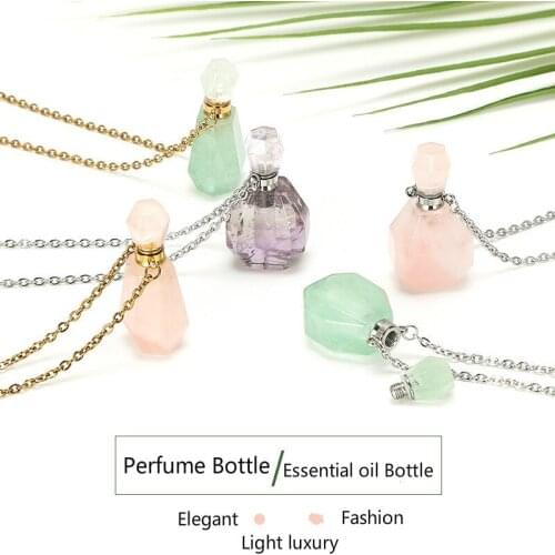 New Natural Stone Amethyst Perfume Bottle Pendant Necklace Green Ghost Essential Oil Bottle Pendant Stainless Steel Necklace