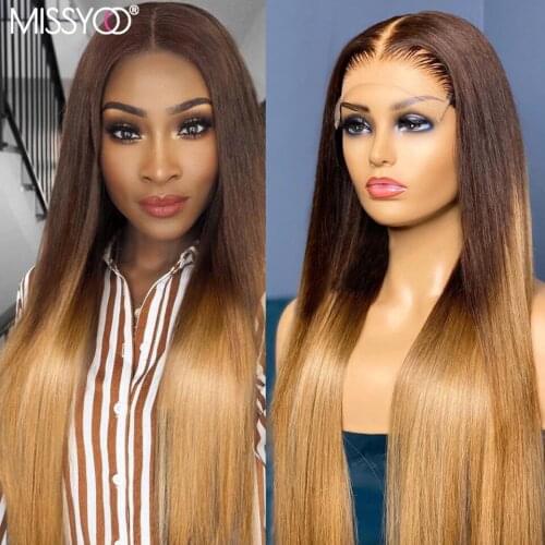 Brown Blonde Lace Closure Human Hair Wig Ombre Straight 4x4 Closure Wig Brazilian Remy Colored 13x1 T Part Lace Wig For Women