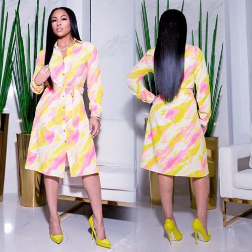 Shirt-dress Summer 2021 New Dashiki Lapel Single Breasted Cardigan Womens High Quality Long Sleeve Loose Casual MIDI Skirt