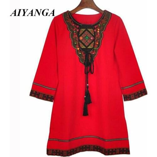 Spring Dress For Women 2019 Folk Style Embroidery Party Dresses Chic Beading Loose Plus Size Female Fall Dress Christmas Gift