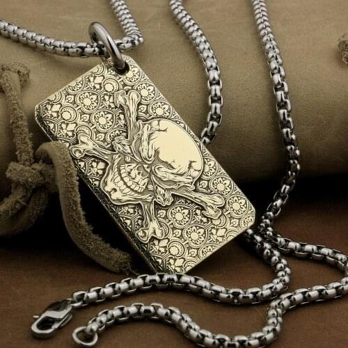 LINSION High Detail Deep Laser Engraved Brass Pirate Skull Pendant Biker Punk Dogtag 9X033B Steel Necklace 24 inches