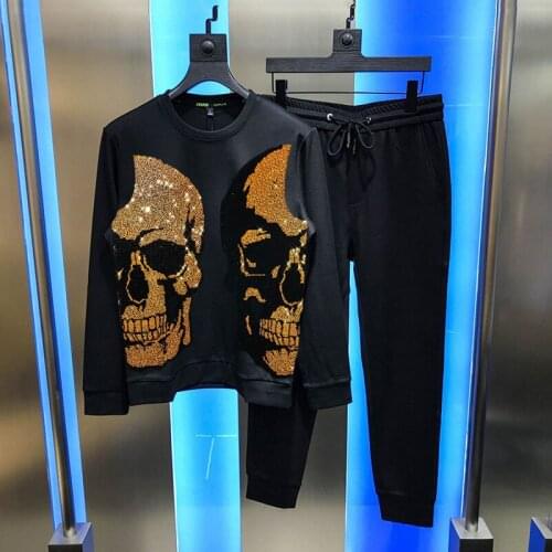 Oversized Hip Hop Jogging Hot Rhinestone Pullover New Diamond Gold Shining Big Skull Mens Tracksuit Casual Sets Winter