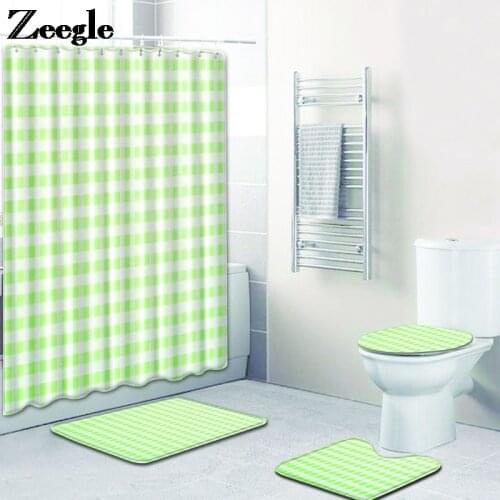 Lattice Printing Bath Mat and Shower Curtain Set Bathroom Decor Carpet Absorbent Toilet Mat Rugs Flannel Foot Mats Set