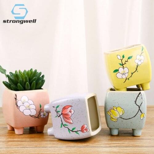 Strongwell Country Style Mini Flower Pot With Flower Pattern Handicrafts Miniature Succulent Planter Home Garden Decoration Pot