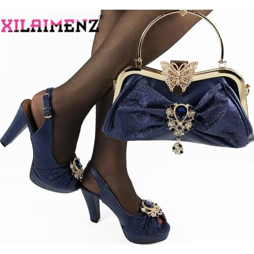 Dark Blue High Quality African Lady Shoes and Bag Set with Shinning Crystal Italian Lady Shoes Matching Bag for Wedding