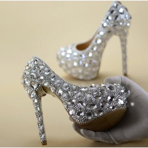 Big Sale Silver Crystal Embellished Wedding Shoes Bride Round Toe Plus Size High Platform Stiletto Heels Pumps Women Shoes