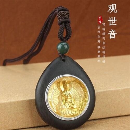 Rotatable Black Sandalwood Guanyin Thangka Kawu Box Pendant Necklace, Good Luck, Sweater Chain, Buddhist Jewelry
