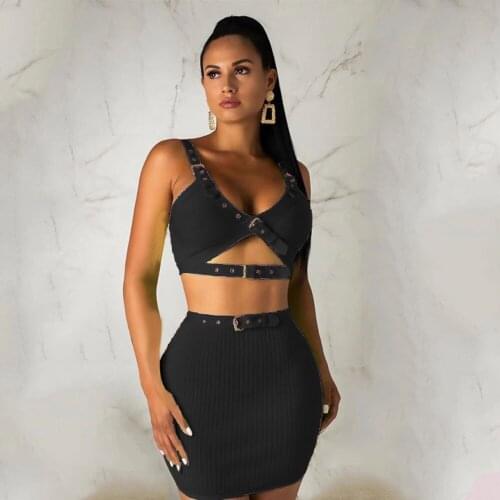 Factory sell directly bandage dresses set 2pcs bandage dresses for sexy lady sexy tank top and mini skirt dresses suit