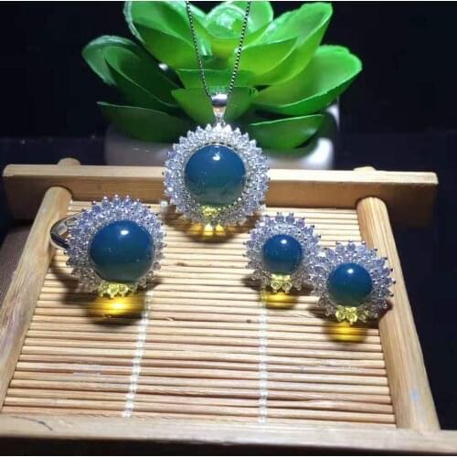 S925 sterling silver real nature blue amber gemstone three-piece set bijoux femme jewelry sets necklace anillos oorbellen