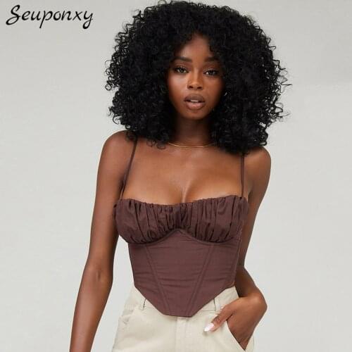 High Quality Brown Pleated WomenS Fashion Short Top 2021 Summer Sexy Spaghetti Strap Backless Celebrity Party Elegant Top