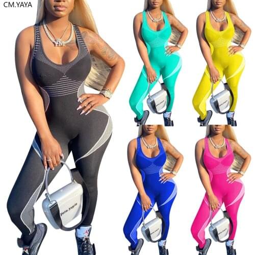 CM.YAYA Women Sport Sleeveless Print Tank Bodycon Pencil Bodysuit Jumpsuit Sexy Club Party Romper Playsuit One Piece Overalls