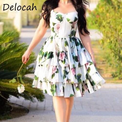 Delocah 2021 Summer Women Fashion Runway Midi Dress Sexy Spaghetti Strap Cascading Ruffle Rose Floral Printed Holiday Dresses