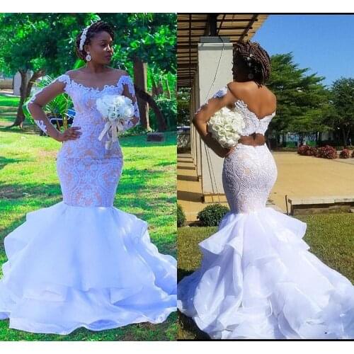 Plus Size African Mermaid Wedding Dresses 2023 Modern Cascading Ruffles Tiered Skirt Lace Long Sleeve Bride Wedding Gown
