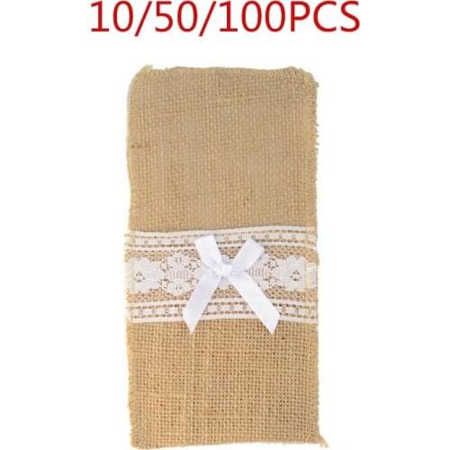 10/50/100pcs Cutlery Bag Natural Jute Cutlery Knife and Fork Silverware Set Holder Burlap and Lace Party Wedding Decoration