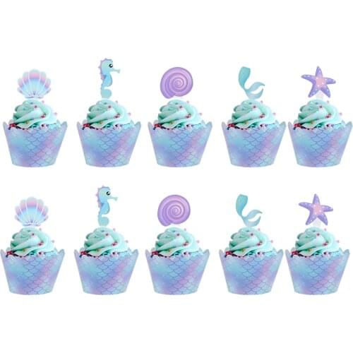 20 sets Mermaid Party Cupcake Wrappers Seaweed/Hippocampus/Shell/starfish Under the sea Birthday and Baby Shower Party Supplies