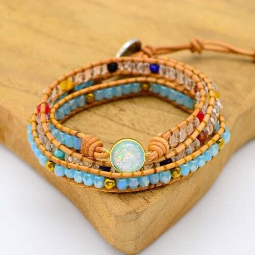 4Unik Top Sell Women Bracelets Natural Opal Stone Rhinestone 3 Rows Leather Wrap Bracelet Fancy Femme Boho Bracelets 4UN-B334