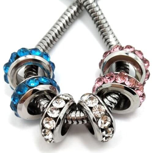 Free Shipping 50pcs 10mm round stainless steel spacer beads crystal rhinestone charms fit European bracelet and necklace DIY