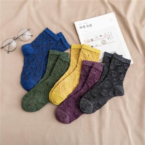Smile Shiny Socks Woman Simple Solid Harajuku Glitter Sock Cotton Female Student Warm Socks Shiny Fashion Beautiful Luxury Sox