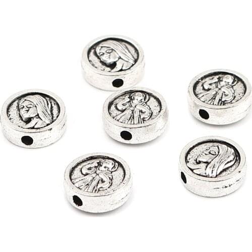DIY Making Bracelets Religious Spacer Beads Flat Round Antique Silver Color Beads Virgin Mary Jewelry About 9mm Dia., 100PCs